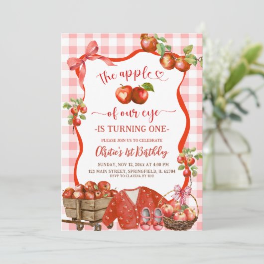 Invitation Coquette Red Plaid Bow Apple 1st Birthday (Debout devant)