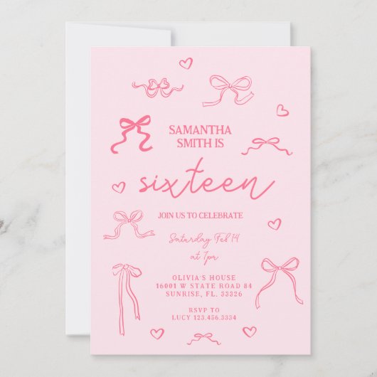 Invitation Coquette rose 16e fête d'anniversaire (Devant)