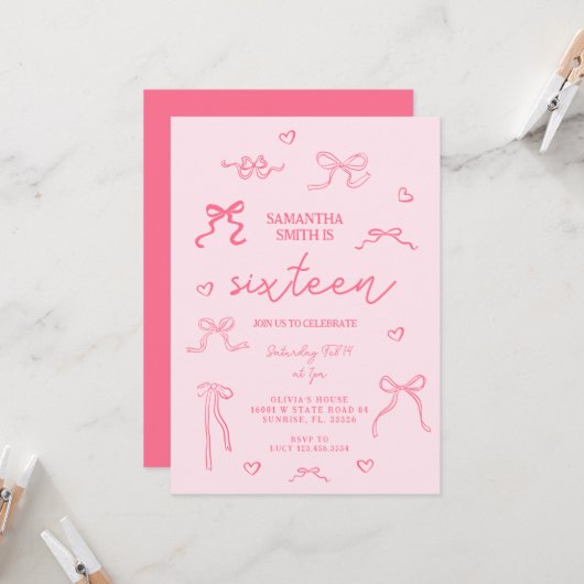 Invitation Coquette rose 16e fête d'anniversaire (Devant/Arrière en situation)