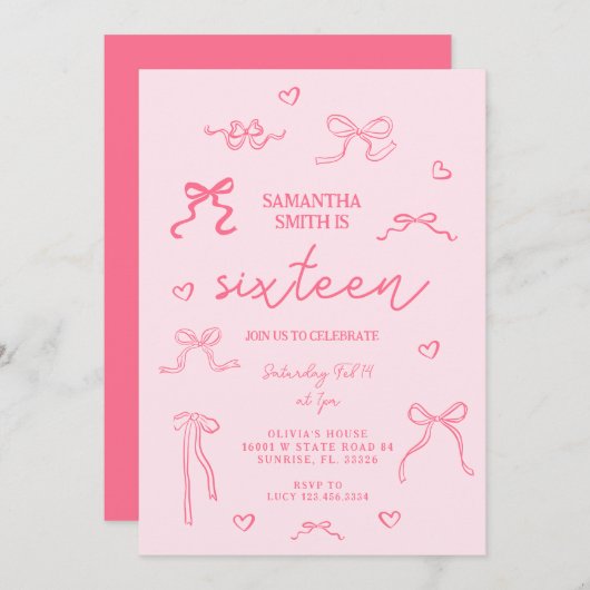 Invitation Coquette rose 16e fête d'anniversaire (Devant / Derrière)