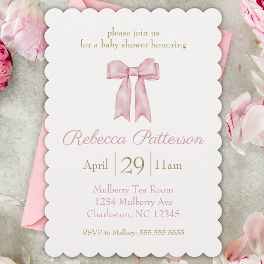 Invitation Coquette Rose Aquarelle Bow Feminine Baby shower