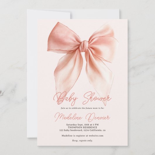 Invitation Coquette Rose Bleu Cute Baby shower fille Bow (Devant)