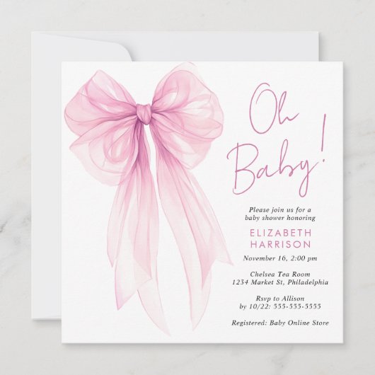 Invitation Coquette rose Bow Aquarelle bébé fille douche (Devant)