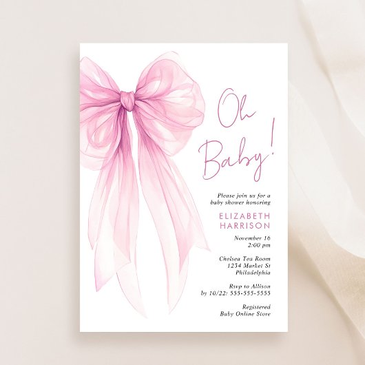 Invitation Coquette rose Bow Aquarelle bébé fille douche