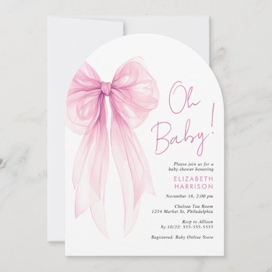 Invitation Coquette rose Bow Aquarelle Bébé Fille Douche Arc (Devant)