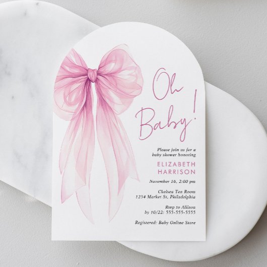 Invitation Coquette rose Bow Aquarelle Bébé Fille Douche Arc