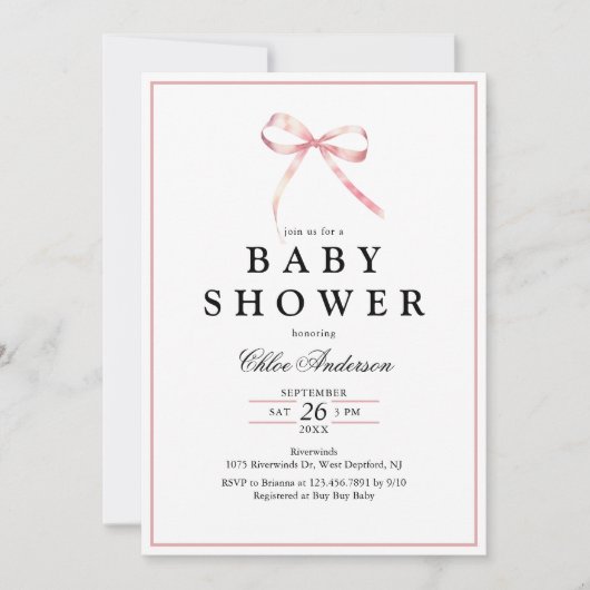 Invitation Coquette Rose Bow Baby Girl Douche (Devant)