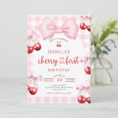 Invitation Coquette Rose Bow Cerise Première fête d'anniversa (Debout devant)