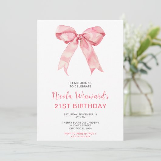 Invitation Coquette rose Bow fête d'anniversaire (Debout devant)
