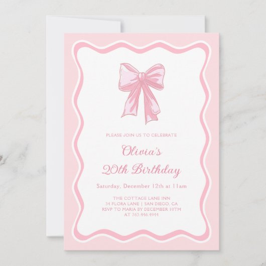 Invitation Coquette rose Bow fête d'anniversaire (Devant)