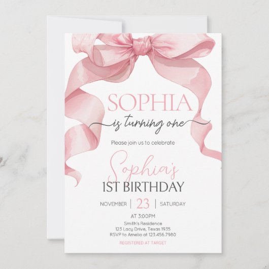 Invitation Coquette rose Bow fête d'anniversaire (Devant)