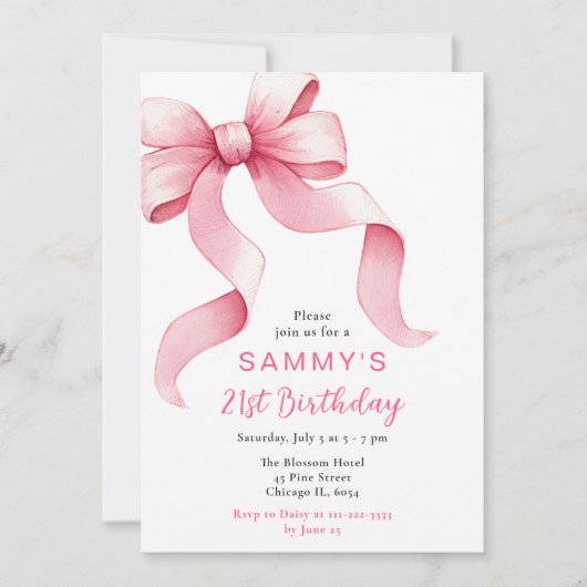 Invitation Coquette rose Bow fête d'anniversaire (Devant)