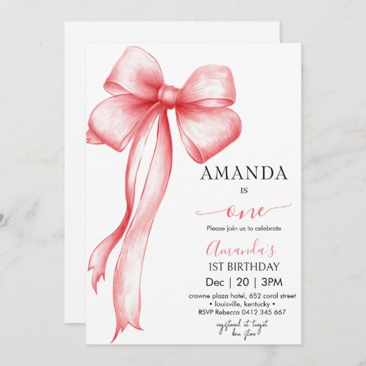 Invitation Coquette Rose Bow fille Anniversaire (Devant / Derrière)