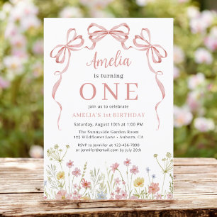 Invitation Coquette rose Bow Fleur sauvage 1er anniversaire f