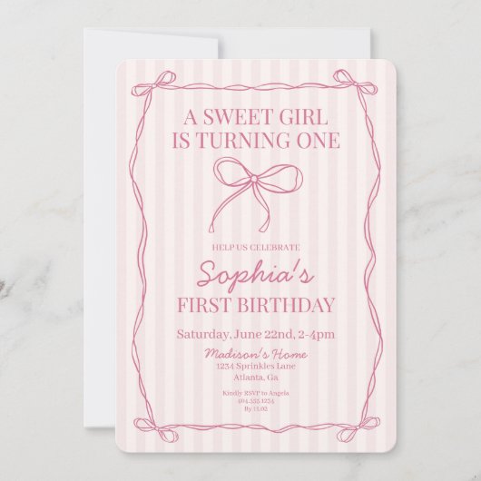 Invitation Coquette rose Bow Pastel Anniversaire (Devant)