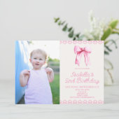 Invitation Coquette Rose Bow Personnalisé Photo Anniversaire (Debout devant)