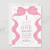 Invitation Coquette rose Bow & Photo Ribbon 1ère Fille Annive (Devant)