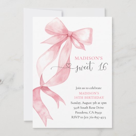 Invitation Coquette Rose Bow Sweet 16 Anniversaire (Devant)
