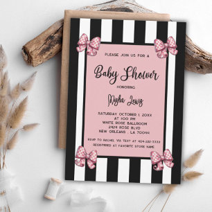 Invitation Coquette Rose Bows Black Stripe Baby shower