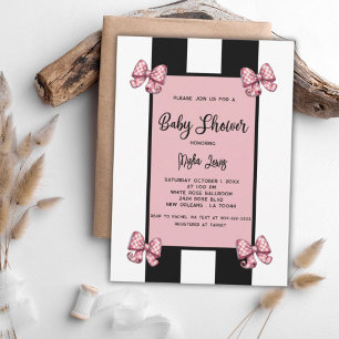 Invitation Coquette Rose Bows Black Stripe Baby shower