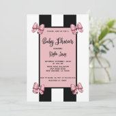 Invitation Coquette Rose Bows Black Stripe Baby shower (Debout devant)