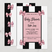 Invitation Coquette Rose Bows Black Stripe Baby shower (Devant / Derrière)