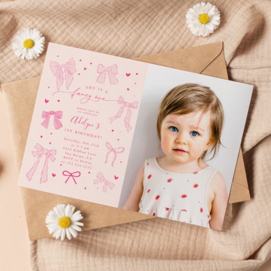 Invitation Coquette Rose Bows Favoris One Anniversaire Photo