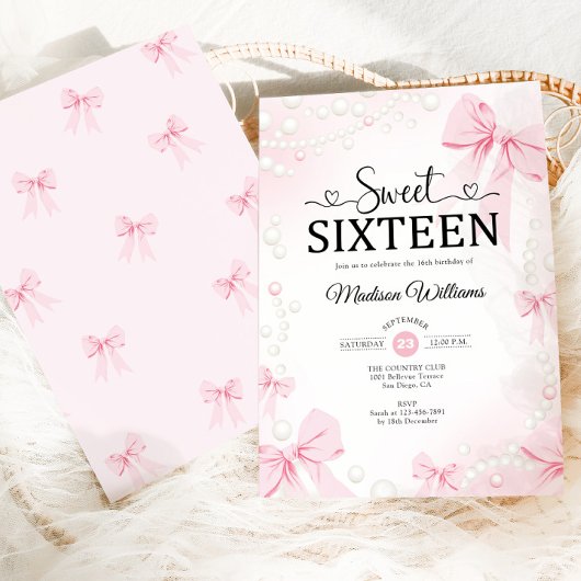 Invitation Coquette rose Bows Sweet sixteen