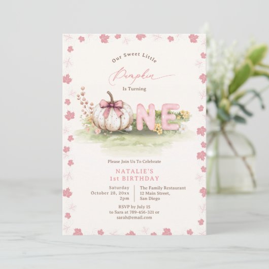 Invitation Coquette rose douce Petit Citrouille 1er anniversa (Debout devant)