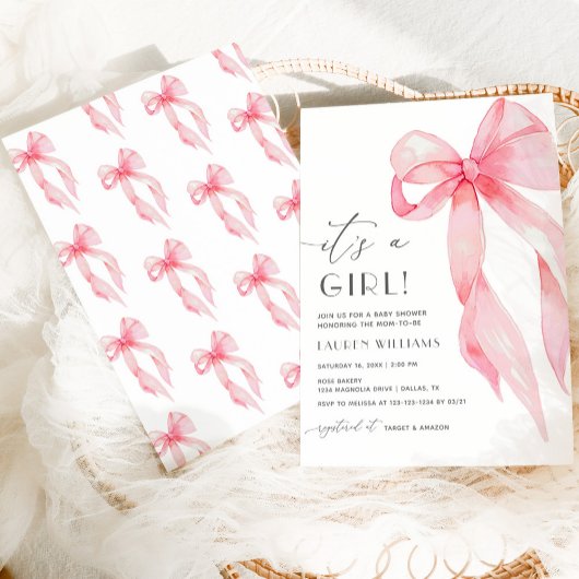 Invitation Coquette Rose Élégante Bow Son Baby shower Fille