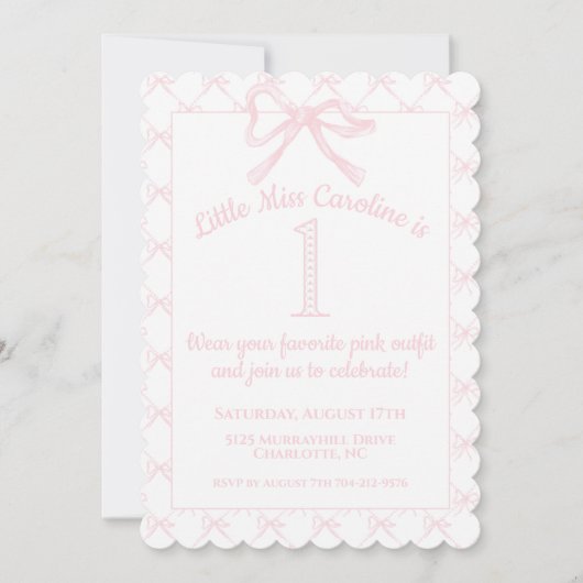 Invitation Coquette rose et blanc Bow Anniversaire fille, Bow (Devant)