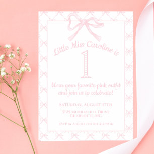 Invitation Coquette rose et blanc Bow Anniversaire fille, Bow