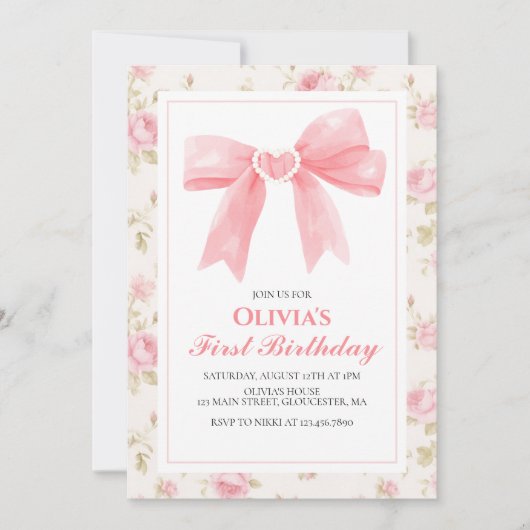 Invitation Coquette rose et Rose 1er anniversaire (Devant)
