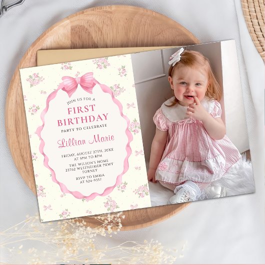 Invitation Coquette Rose Floral Bow Anniversaire