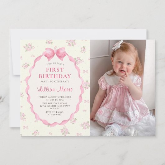 Invitation Coquette Rose Floral Bow Anniversaire (Devant)
