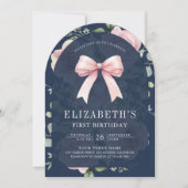 Invitation Coquette rose floral Bow Marine Bleu Premier anniv (Devant)