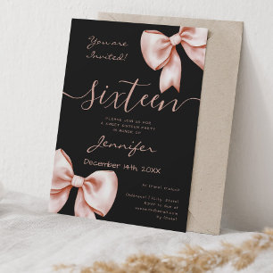 Invitation Coquette Rose Gold Bow Sweet 16 Anniversaire Noir