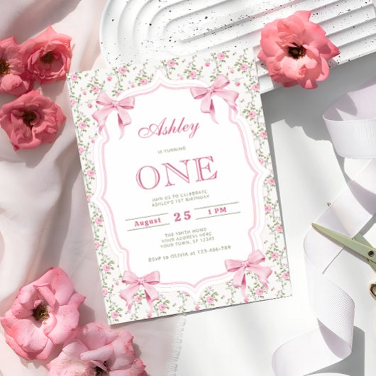 Invitation Coquette rose mignonne Bow 1er anniversaire