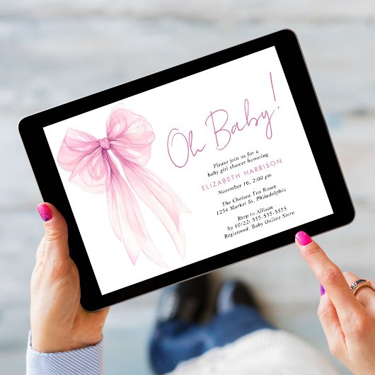 Invitation Coquette rose mignonne Bow Aquarelle Bébé fille Do