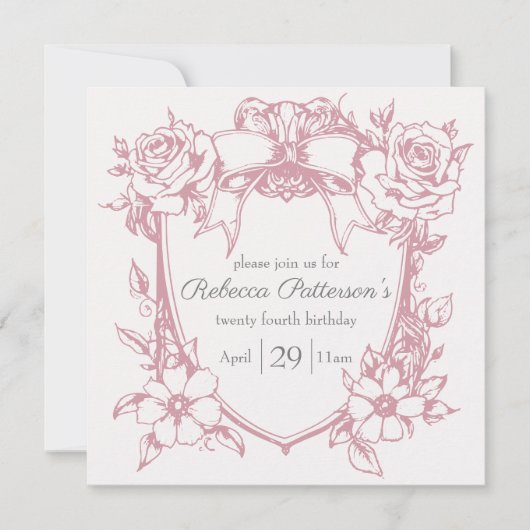 Invitation Coquette Rose mignonne Feminine Bow Frame Party (Devant)
