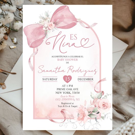 Invitation Coquette rose pâle Baby shower Floral Es Nina