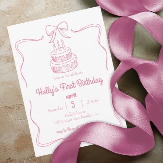 Invitation Coquette rose pâle Bow 1er gâteau d'anniversaire