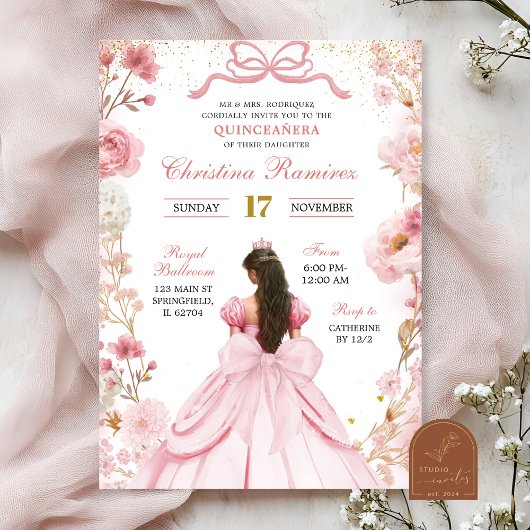 Invitation Coquette rose pâle Princesse Quinceanera