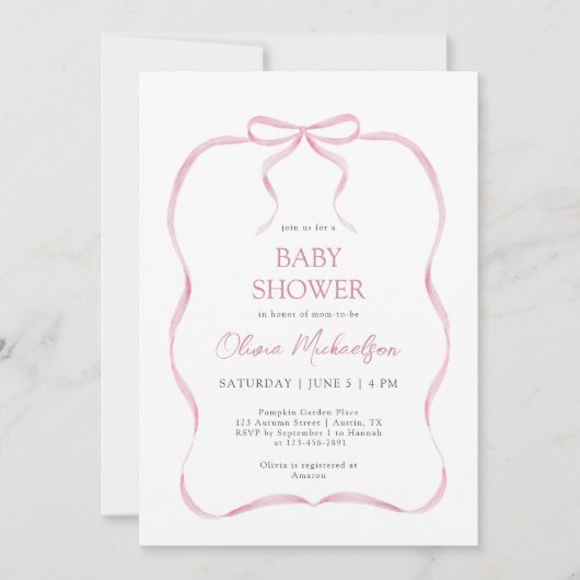 Invitation Coquette rose Ribbon Bow Elégant Baby shower fille (Devant)