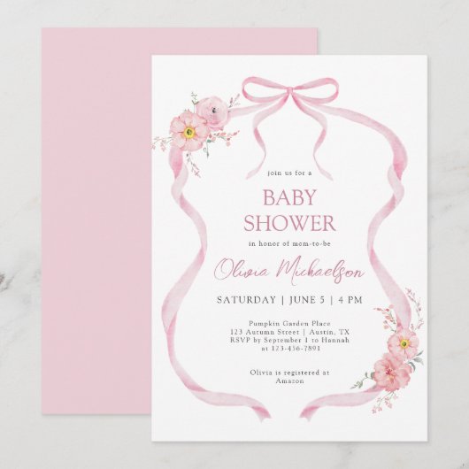 Invitation Coquette rose Ruban Bow Floral Girl Baby shower (Devant / Derrière)