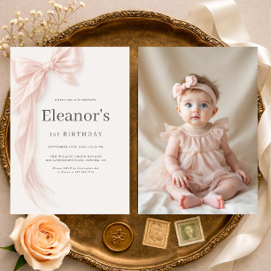 Invitation Coquette Rose Ruban Photo Fille 1er Anniversaire