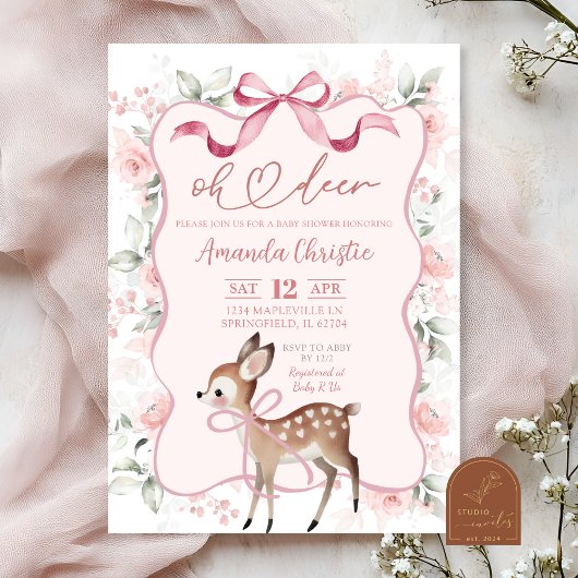 Invitation Coquette Ruban Floral Oh Deer Baby shower