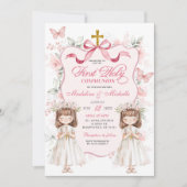 Invitation Coquette Ruban Floral Twins First Holy Communion (Devant)