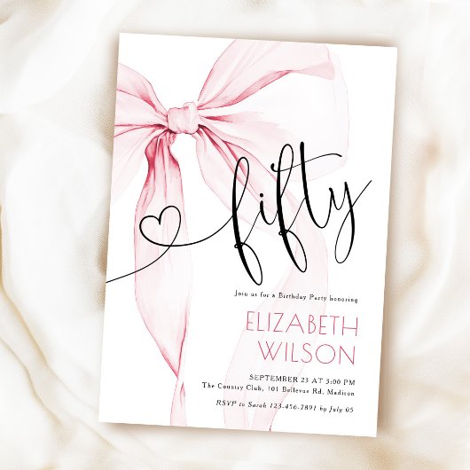 Invitation Coquette Ruban Rose 50e Anniversaire