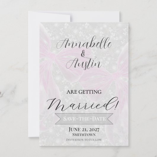 Invitation Coquette Ruban Transparent Rose Enregistrer-La-Dat (Devant)